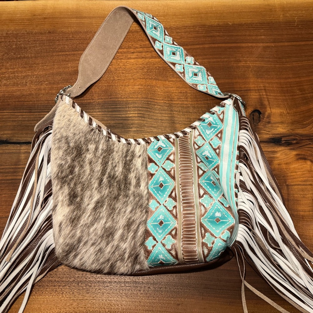 Brown and Blue Fringe Shoulder Bag with Southwestern Flair